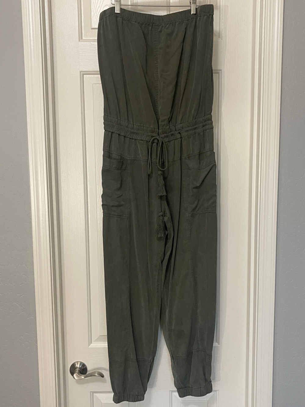 Young Fabulous & Broke Olive Green Strapless Jumpsuit w Drawstring Waist Sz L